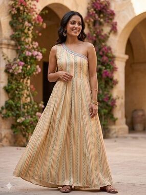 Vitans Indian Fusion One Shoulder Mirror Work Shisha Embroidered Maxi Dress S